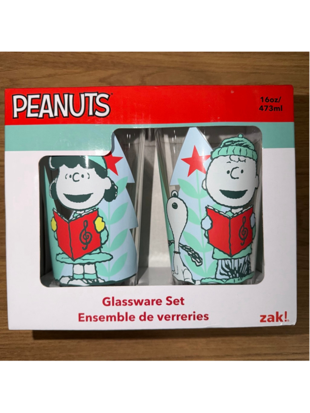 NIB 2021 Zak! Peanuts Christmas 16oz Drinking Glasses Set of 2 Christmas Theme